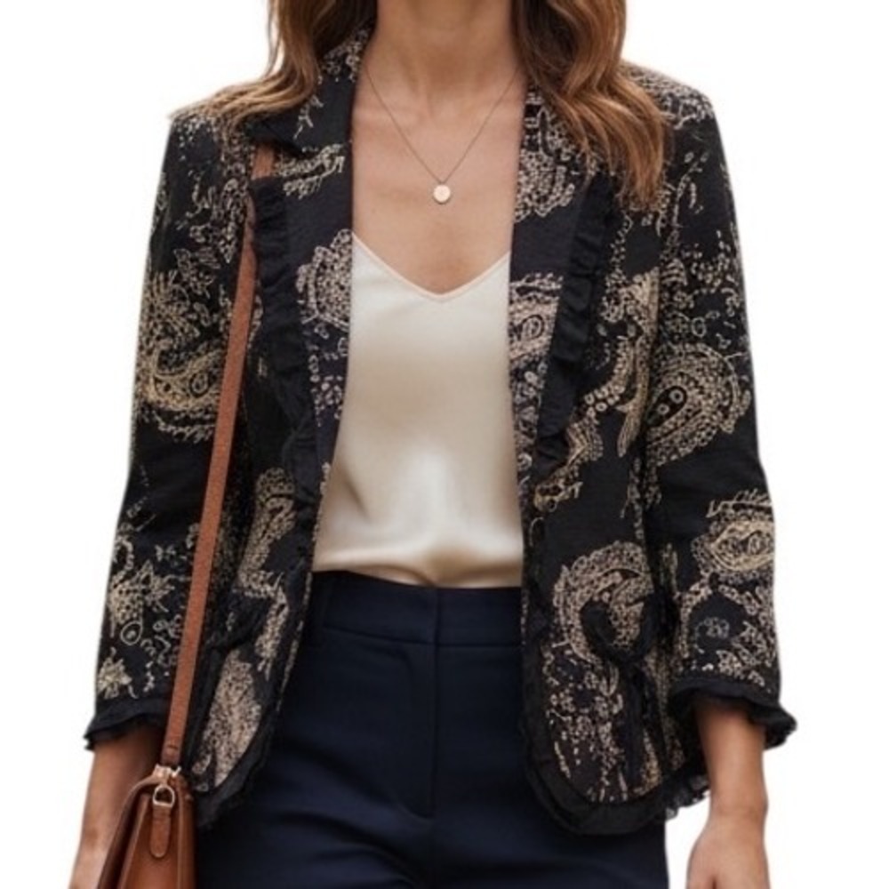 Donna Cody Silk Paisley Ruffle Jacket Blazer Black Ivory Career Chic Old Money